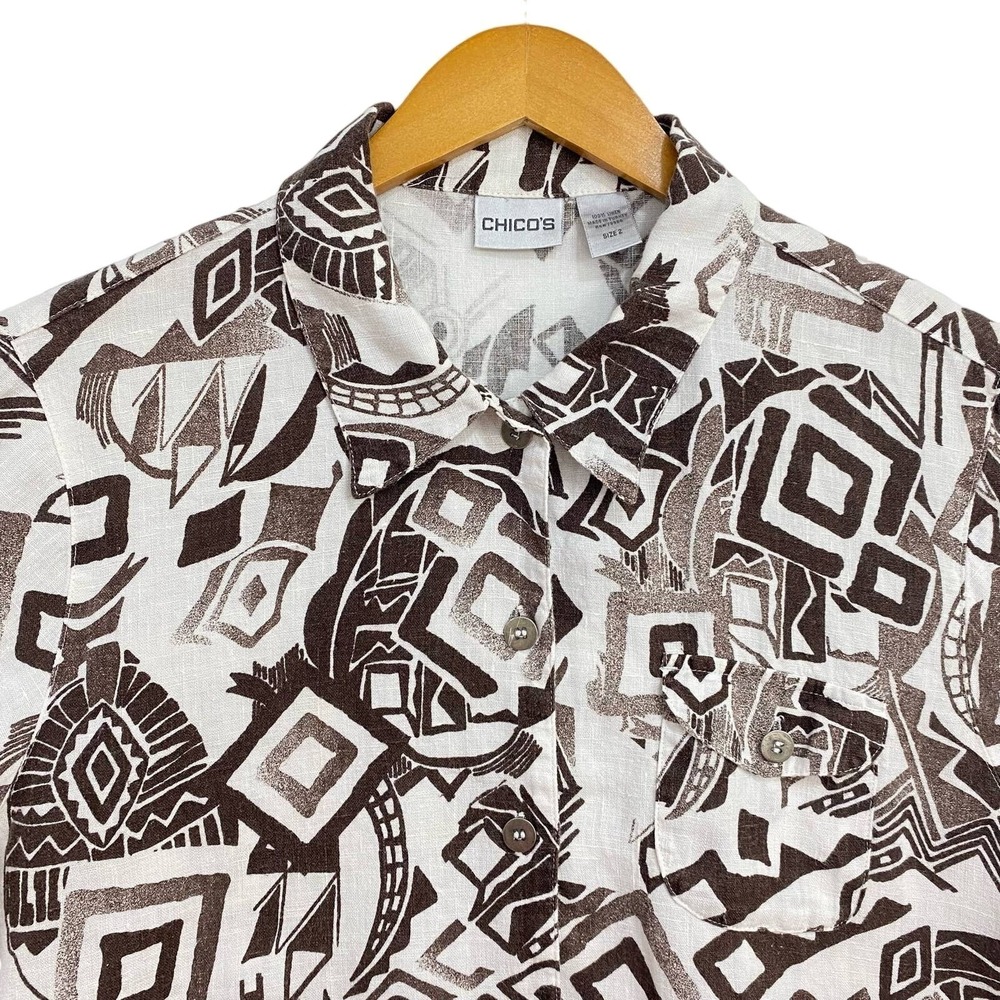 Chicos Shirt Large 2 Brown Linen Geometric Camp Top Gauze Safari Vacation Resort - Picture 3 of 9